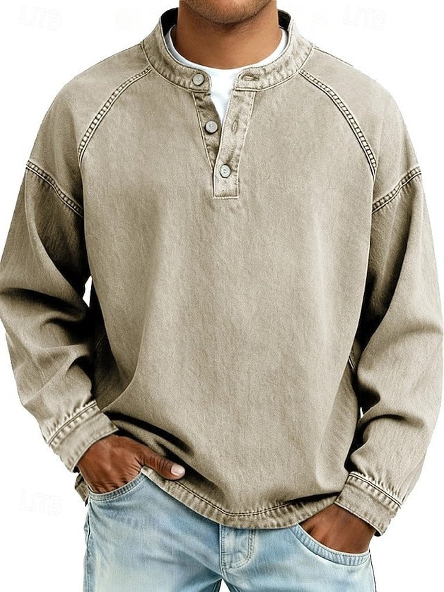 Men's Retro Henley Sweater with Raglan Sleeves and Vintage Wash for Casual Comfort 4