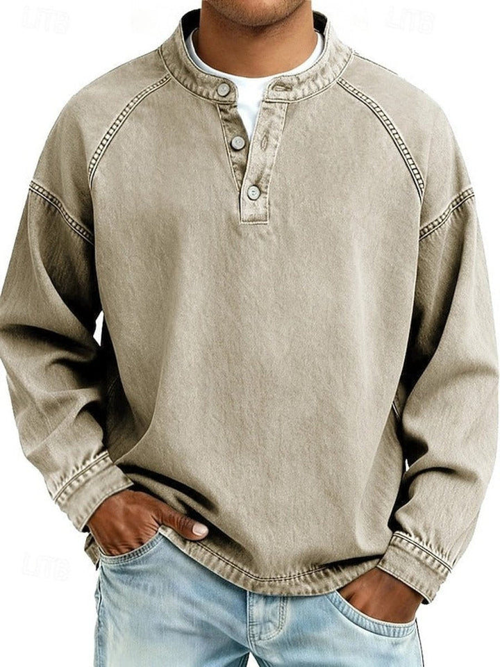 Men's Retro Henley Sweater with Raglan Sleeves and Vintage Wash for Casual Comfort 4