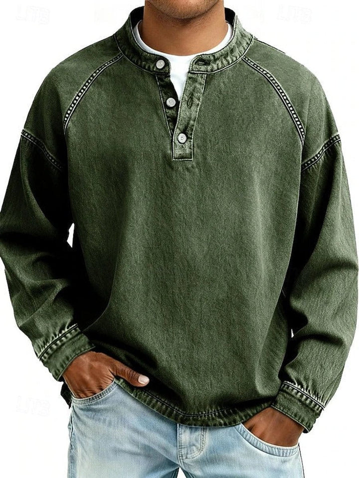 Men's Retro Henley Sweater with Raglan Sleeves and Vintage Wash for Casual Comfort 5