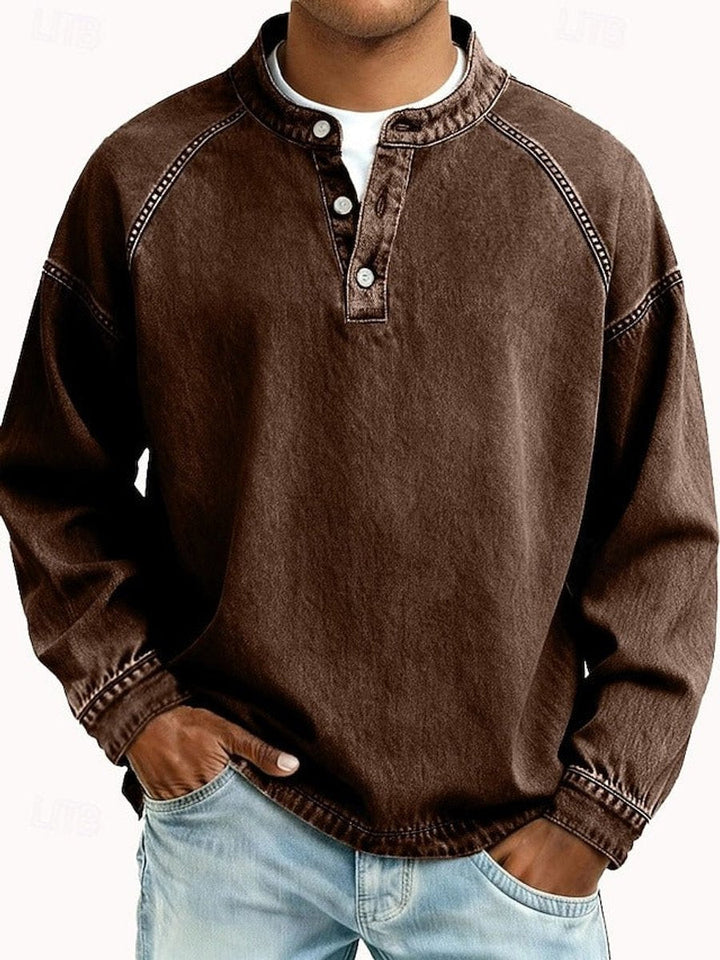 Men's Retro Henley Sweater with Raglan Sleeves and Vintage Wash for Casual Comfort 7