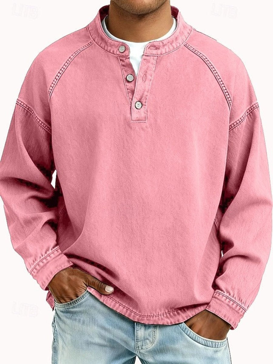 Men's Retro Henley Sweater with Raglan Sleeves and Vintage Wash for Casual Comfort 8