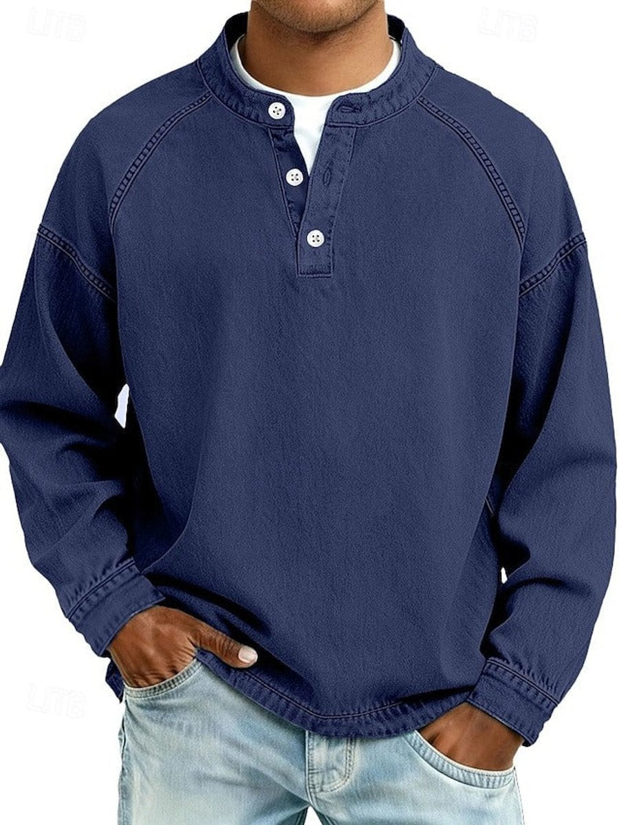 Men's Retro Henley Sweater with Raglan Sleeves and Vintage Wash for Casual Comfort 9