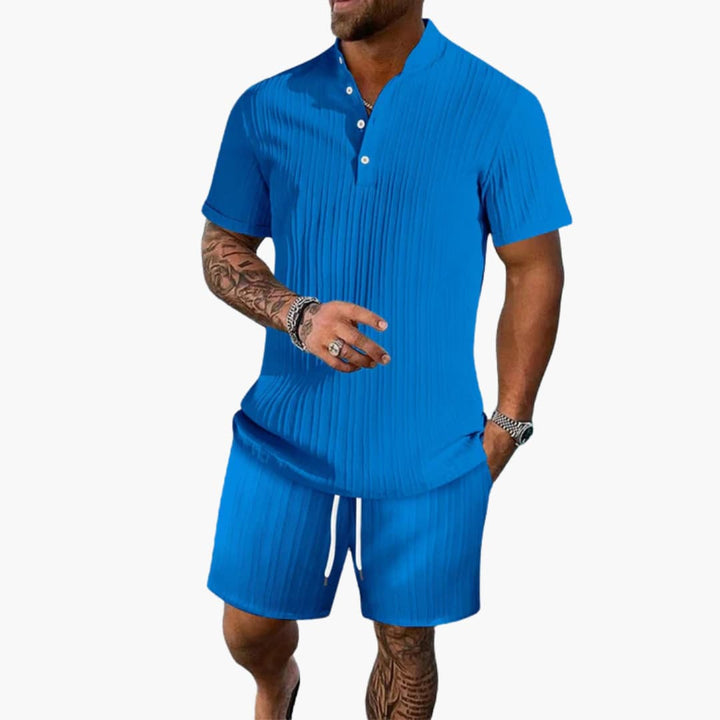 Men's Summer Set - Ribbed Polo Shirt and Shorts for Casual Outings, Lightweight and Comfortable 0