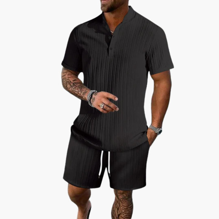 Men's Summer Set - Ribbed Polo Shirt and Shorts for Casual Outings, Lightweight and Comfortable 1