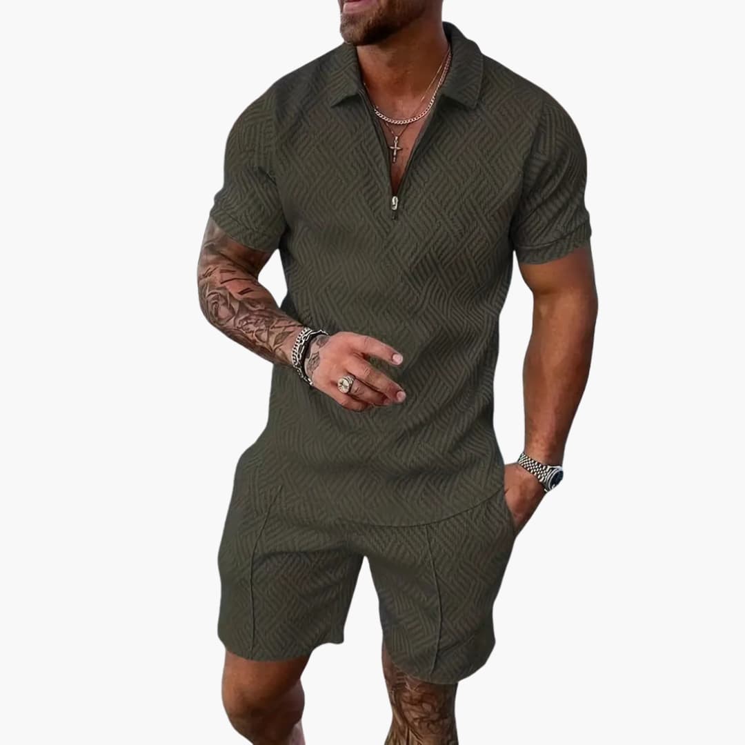 Men's Summer Set - Short-Sleeve Zip Shirt and Matching Shorts for Leisure and Travel 1