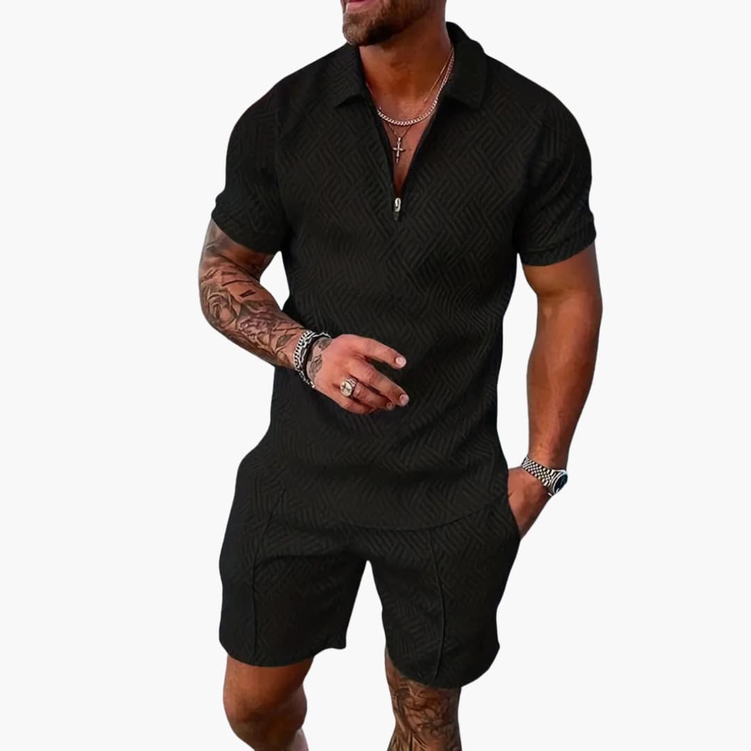 Men's Summer Set - Short-Sleeve Zip Shirt and Matching Shorts for Leisure and Travel 2