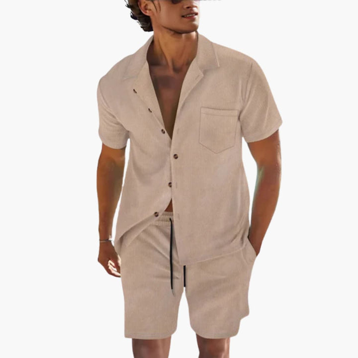 Men's Summer Set - Short Sleeve Cuban Collar Shirt and Drawstring Shorts for Casual Warm Weather Style 0