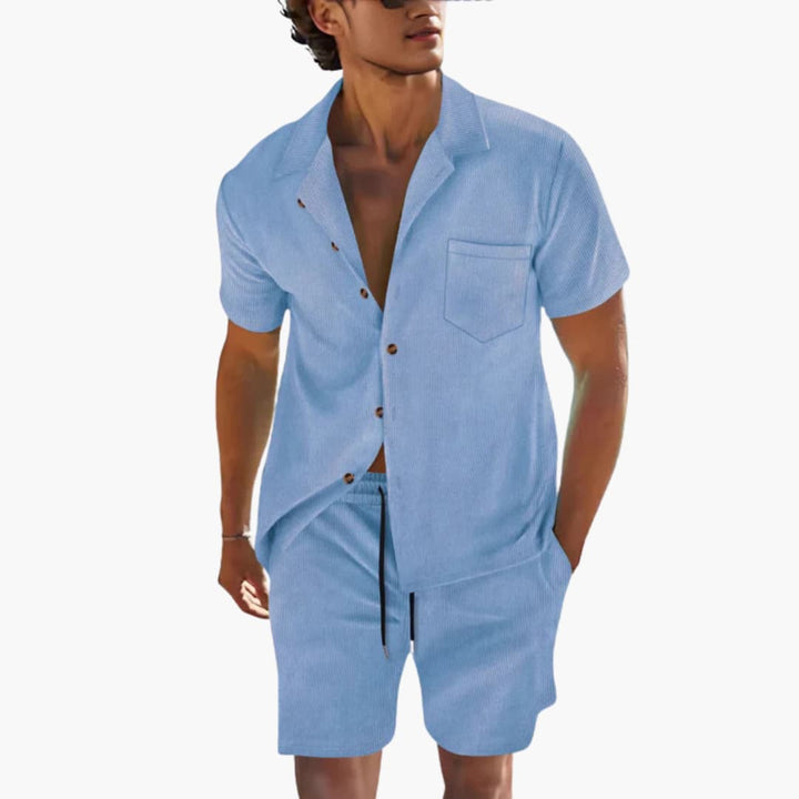 Men's Summer Set - Short Sleeve Cuban Collar Shirt and Drawstring Shorts for Casual Warm Weather Style 1