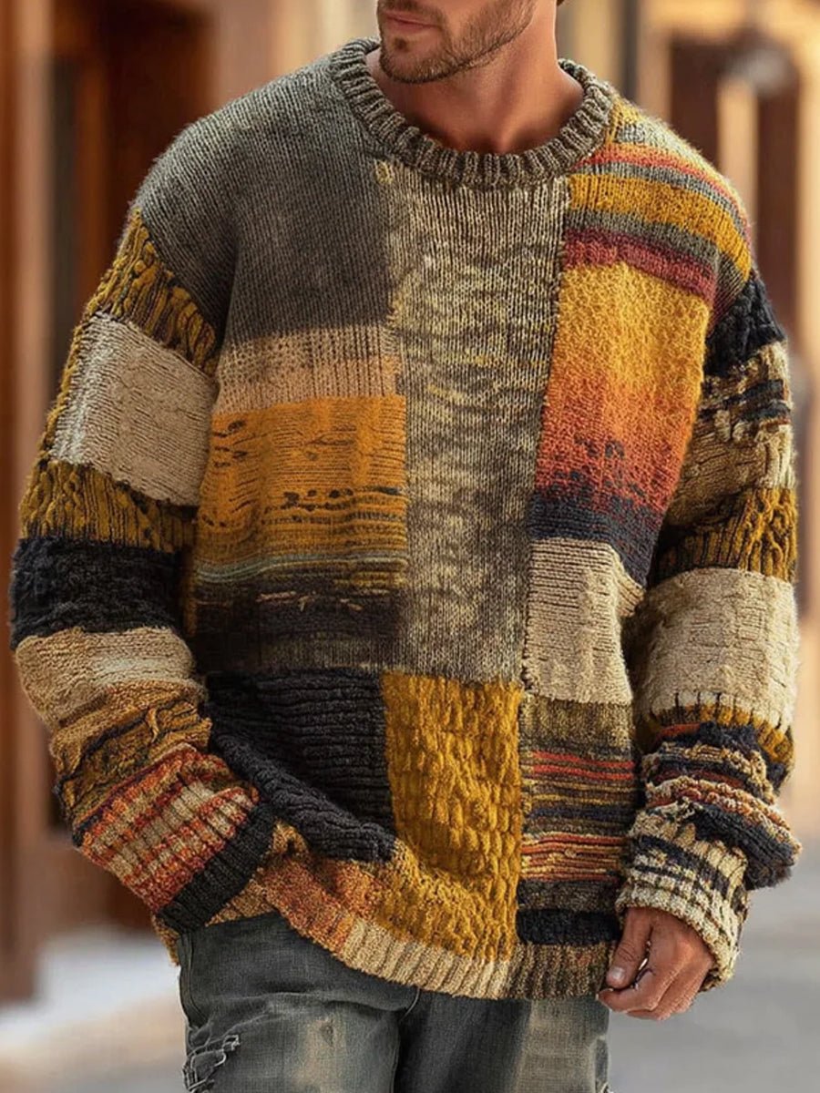Men's Sweater Patchwork Chunky Knit Crew Neck Warm Earth Tones for Stylish Comfort 0