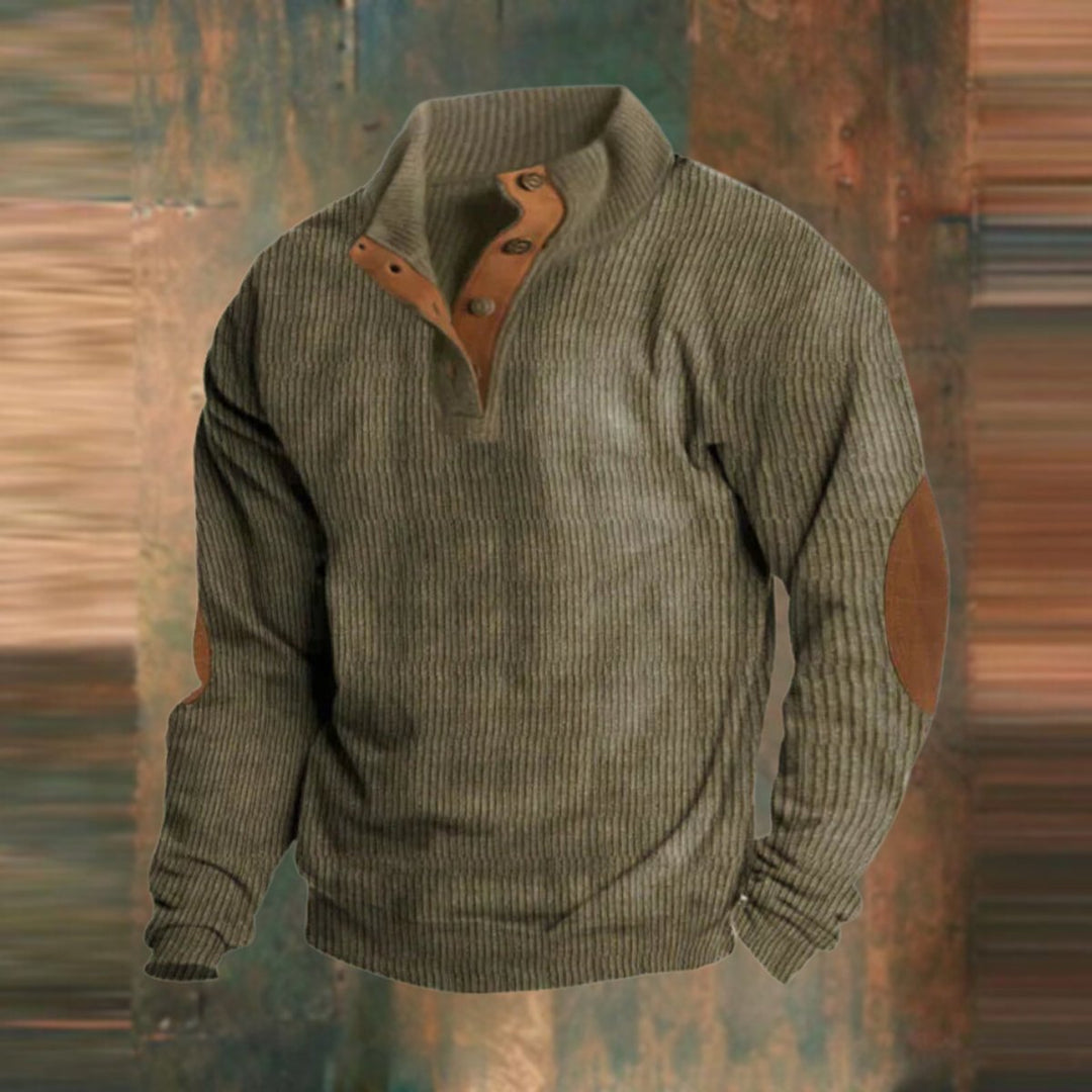 Men's Sweater Retro Ribbed Knit with Button Collar and Elbow Patches Casual Style 0