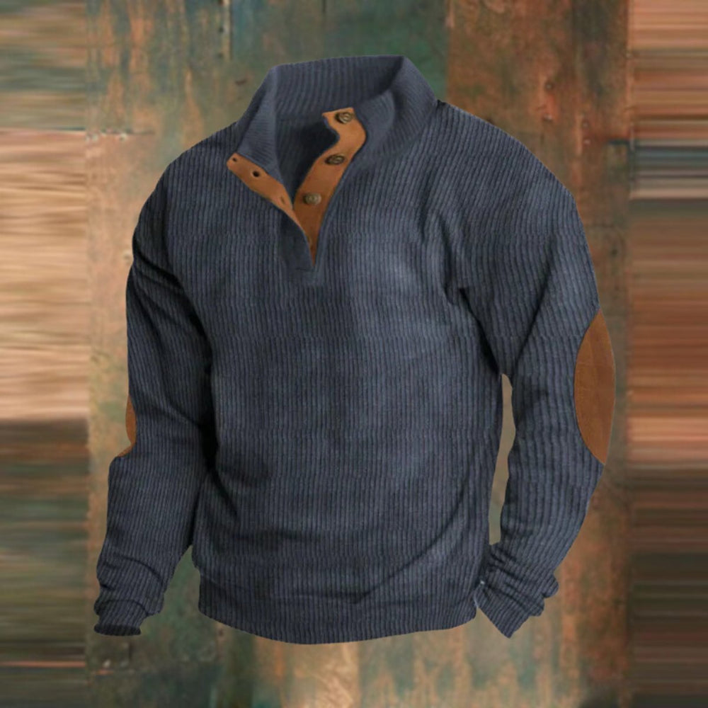 Men's Sweater Retro Ribbed Knit with Button Collar and Elbow Patches Casual Style 1