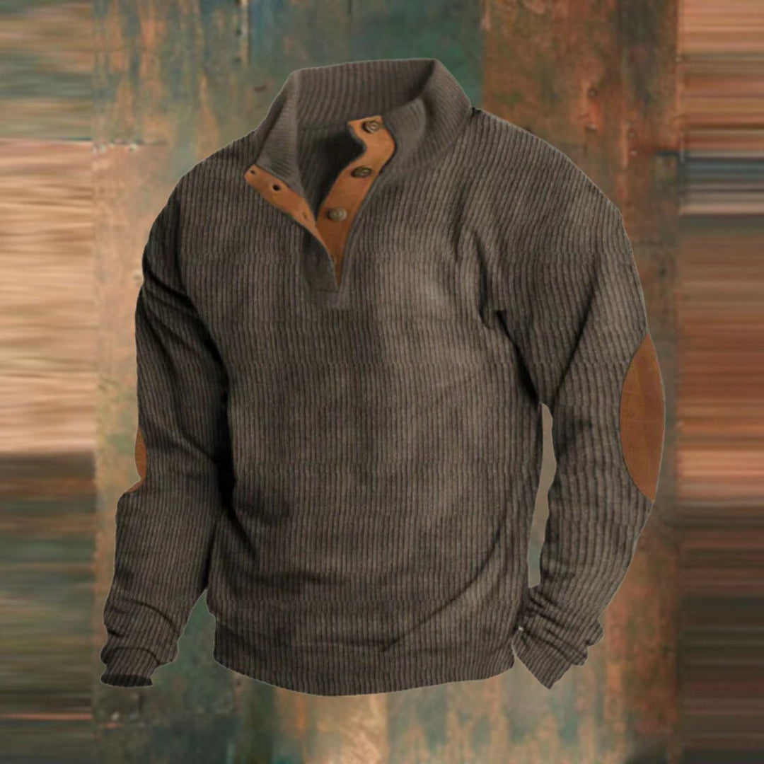 Men's Sweater Retro Ribbed Knit with Button Collar and Elbow Patches Casual Style 2