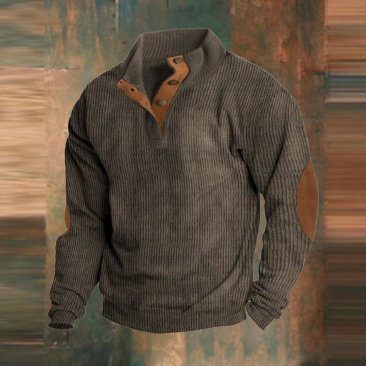 Men's Sweater Retro Ribbed Knit with Button Collar and Elbow Patches Casual Style 2