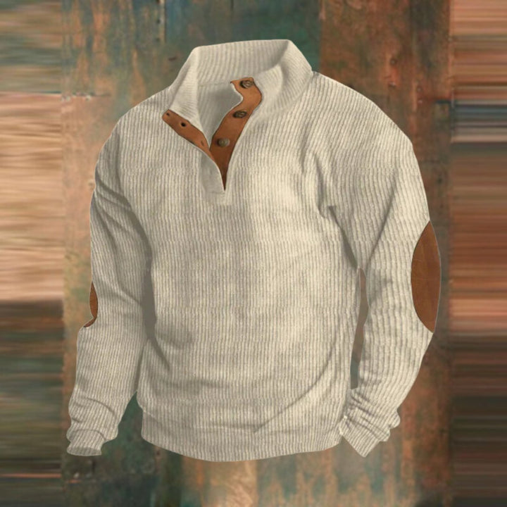 Men's Sweater Retro Ribbed Knit with Button Collar and Elbow Patches Casual Style 3