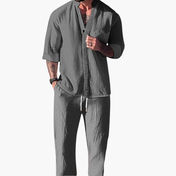 Men's Two Piece Set - Stylish Long Sleeve Shirt and Drawstring Pants for Beach and Leisure - Comfortable Men's Co Ord Set 0