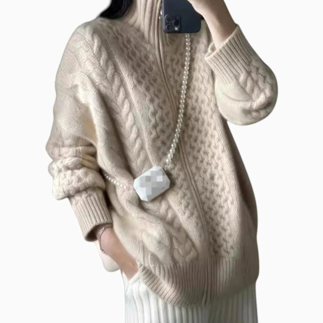 Mia | Damen Zopfmuster-Strickpullover mit Reißverschluss Oversize 0