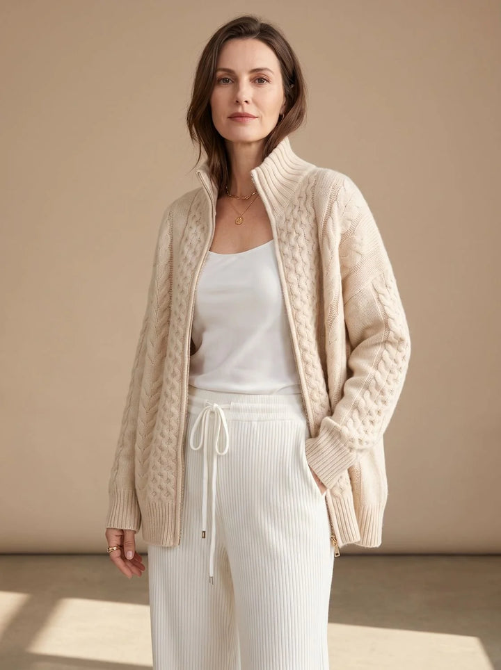 Mia | Damen Zopfmuster-Strickpullover mit Reißverschluss Oversize 1