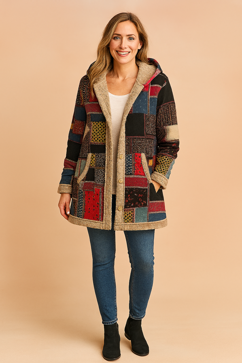 Milena | Long fleece jacket with a hood and a patchwork pattern 0