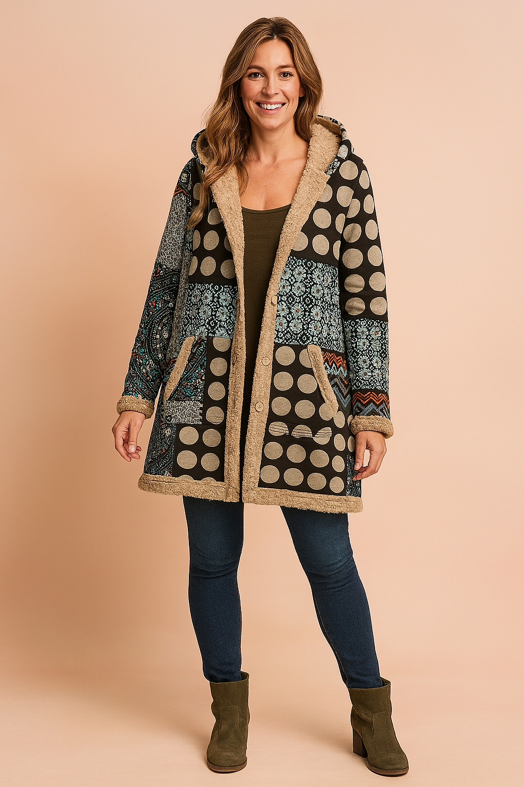 Milena | Long fleece jacket with a hood and a patchwork pattern 1