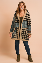 Milena | Long fleece jacket with a hood and a patchwork pattern 1