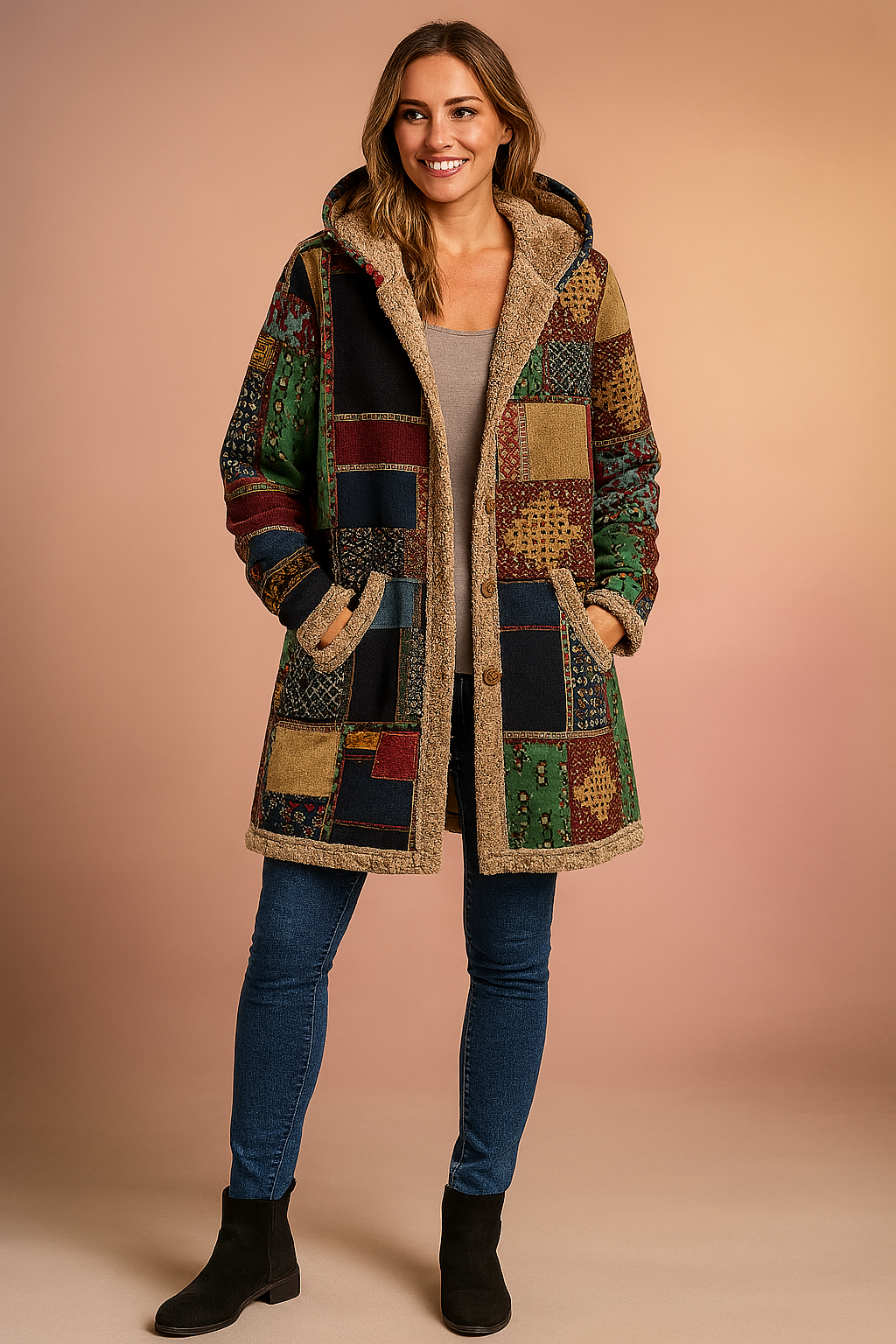 Milena | Long fleece jacket with a hood and a patchwork pattern 2