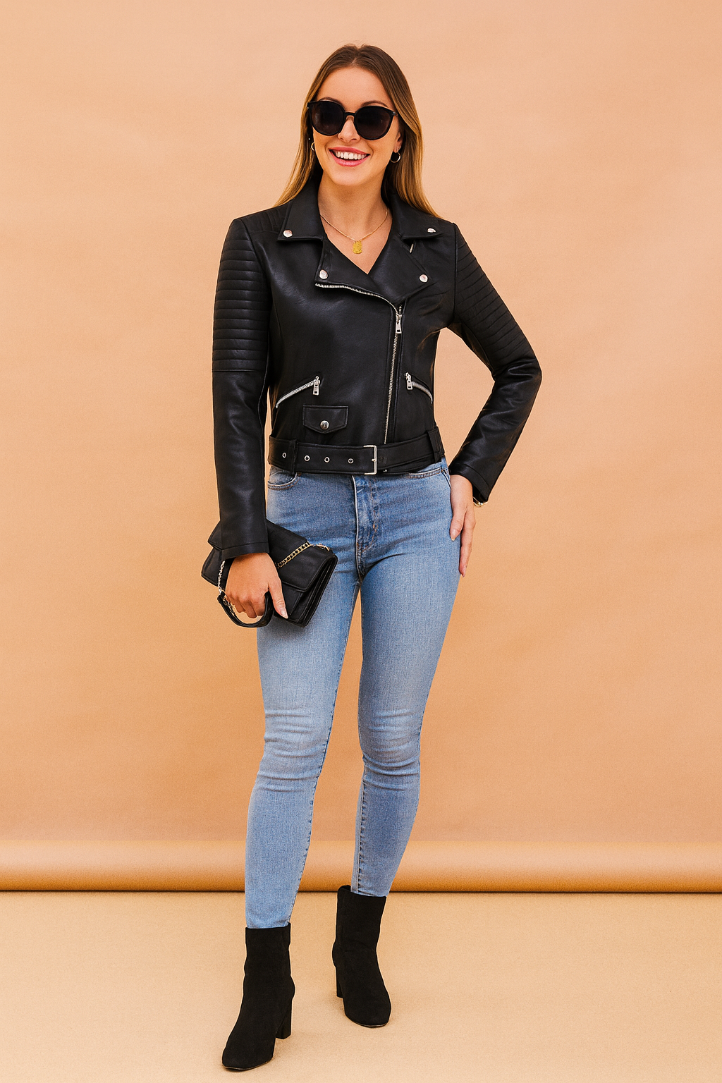 Natalia | Short biker jacket with belt 0
