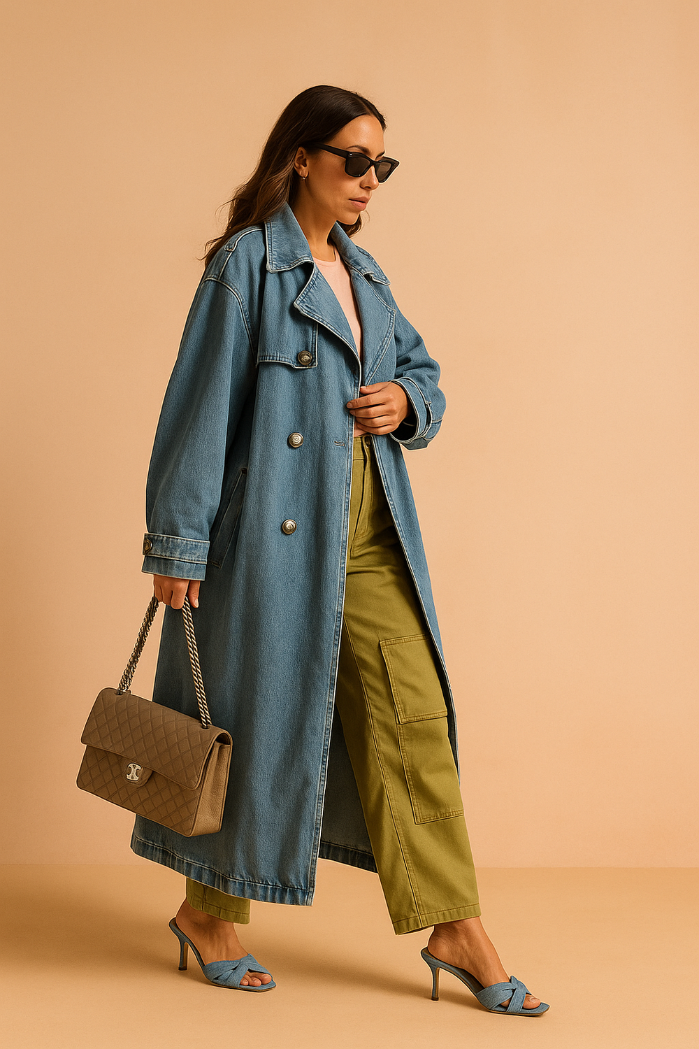 Olga | Long denim trench coat with belt 1