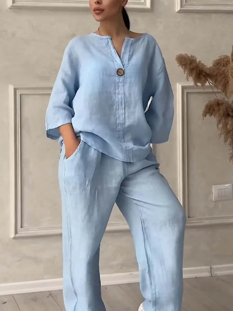 Women's Loungewear Set - Casual Cotton and Linen V-Neck Top with Wide Pants, Relaxed Fit, Lightweight and Breathable for Everyday Wear 2