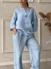 Women's Loungewear Set - Casual Cotton and Linen V-Neck Top with Wide Pants, Relaxed Fit, Lightweight and Breathable for Everyday Wear 2