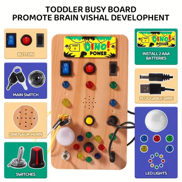 Tableau d'activités Montessori en bois avec LED – Jouet éducatif pour tout-petits avec 15 lumières et 9 interrupteurs interactifs