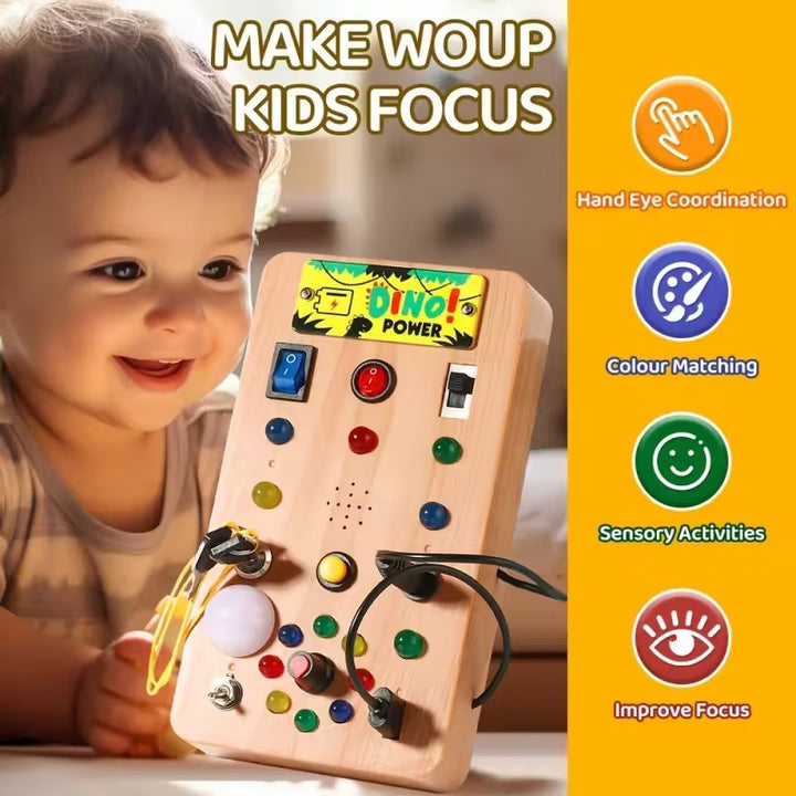 Tableau d'activités Montessori en bois avec LED – Jouet éducatif pour tout-petits avec 15 lumières et 9 interrupteurs interactifs