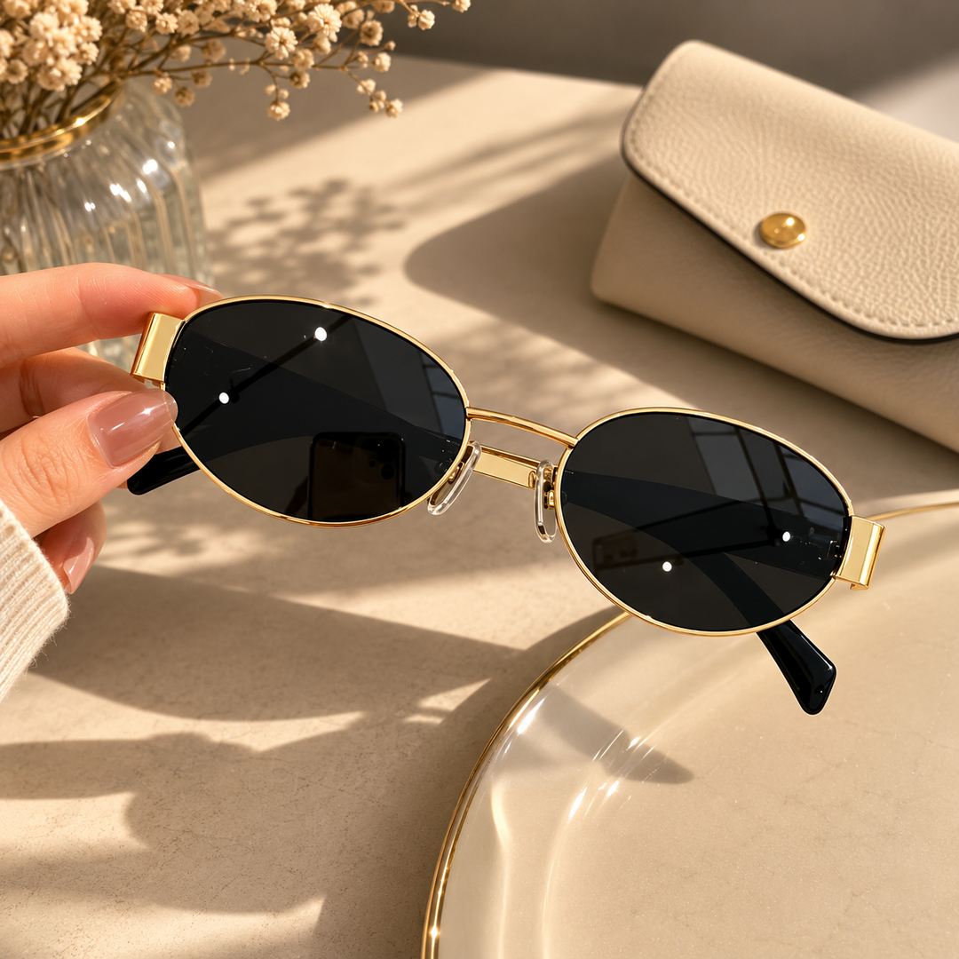 Women’s Oval Metal Frame Sunglasses for Minimalist Style - Chic Dark Tinted Lenses for Sun Protection