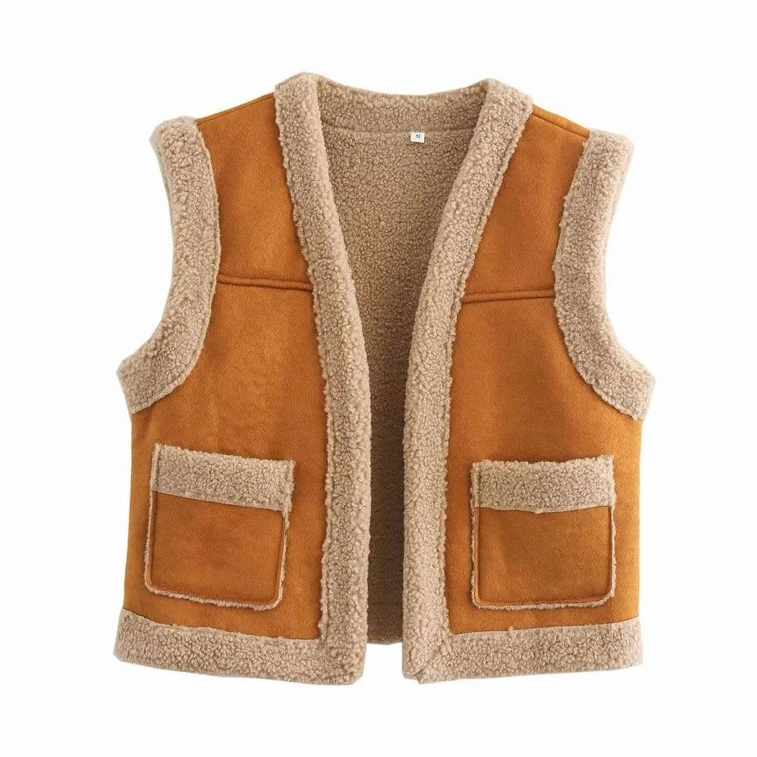 Sophie | Damen Teddyfell-Weste Wildleder-Optik Fleece-Innenfutter Fronttaschen 0