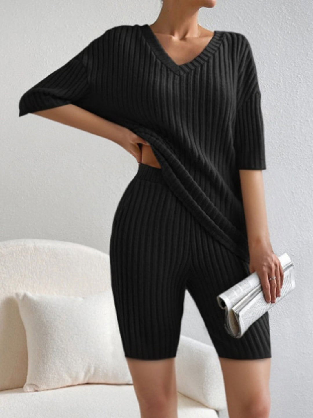 Stylish Ribbed V-Neck Top and Shorts Set for Women - Casual Summer Outfit 7