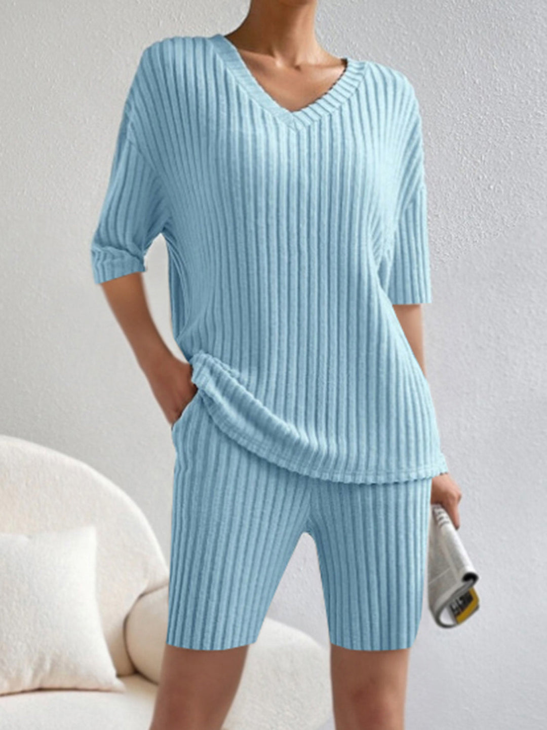 Stylish Ribbed V-Neck Top and Shorts Set for Women - Casual Summer Outfit 9
