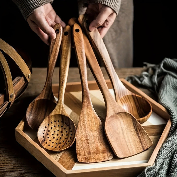 Teak Kitchen Utensil Set of 5 – Sustainable Wooden Cooking Tools with Ergonomic Handles 0