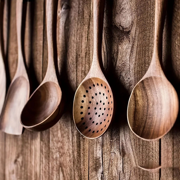 Teak Kitchen Utensil Set of 5 – Sustainable Wooden Cooking Tools with Ergonomic Handles 5