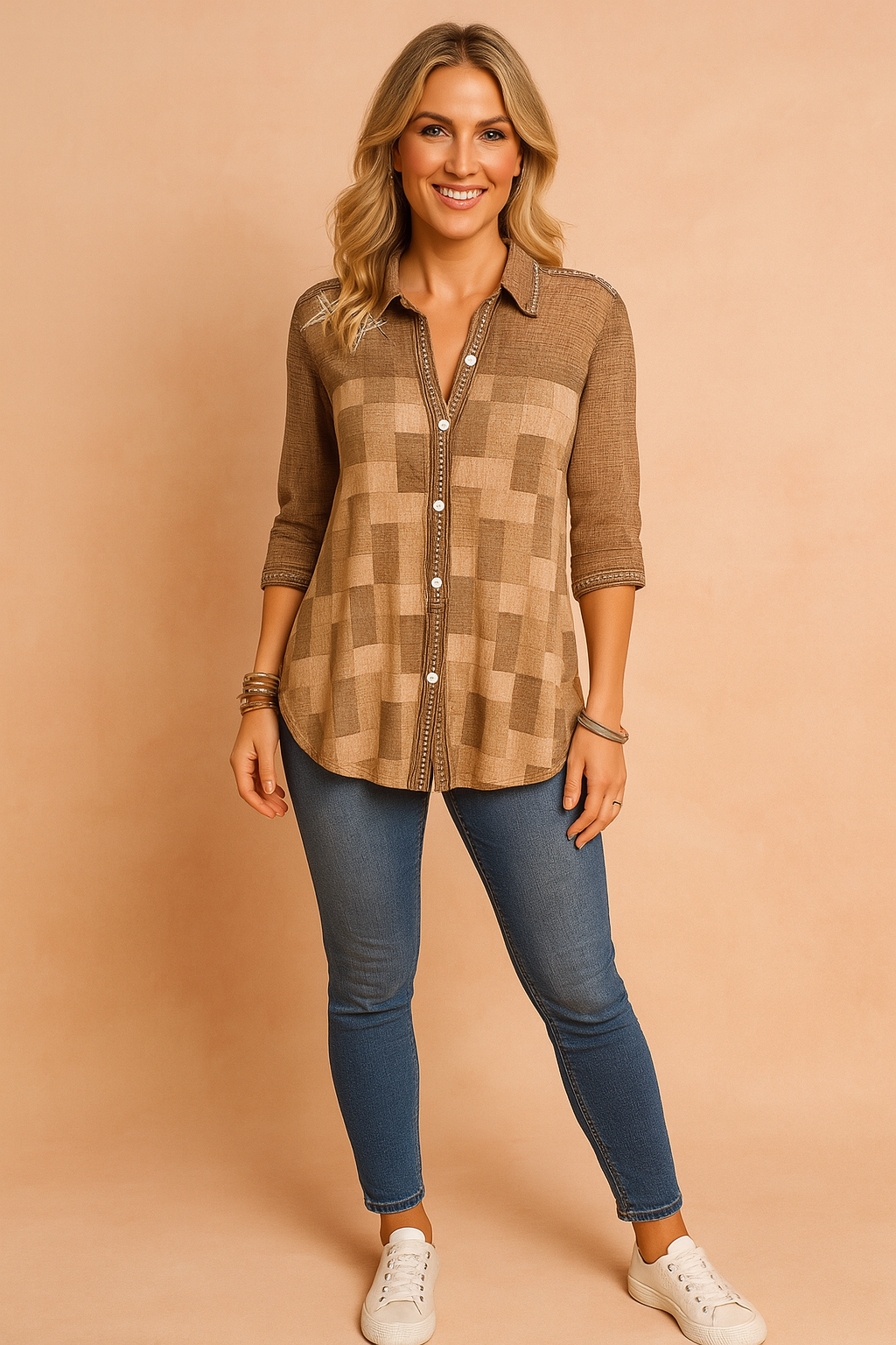 Tressa | Patchwork button-down shirt with 3/4 sleeves 0