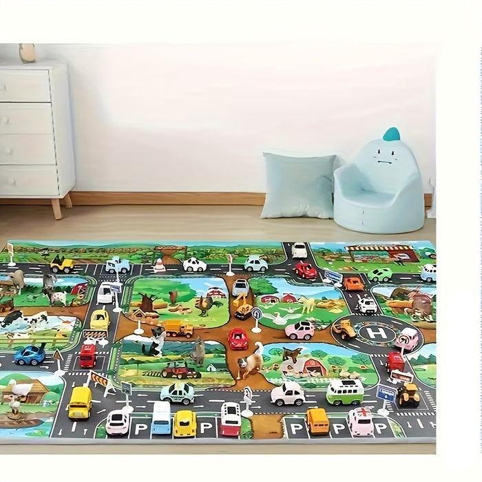 VibrantPlay | Kids’ Interactive Play Mat – Colorful Farm and Traffic Scene Design 1