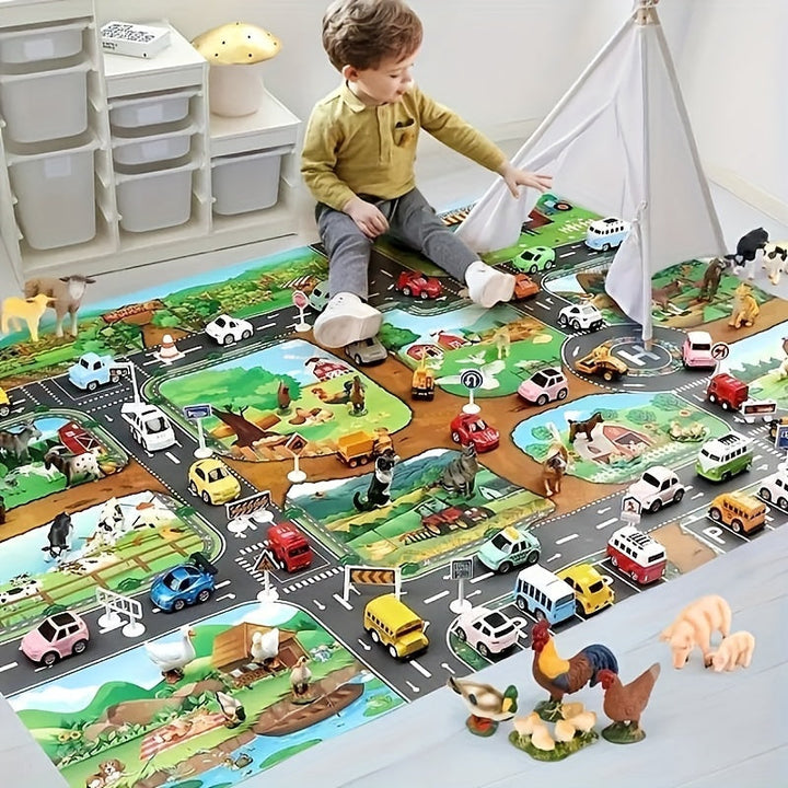 VibrantPlay | Kids’ Interactive Play Mat – Colorful Farm and Traffic Scene Design 4