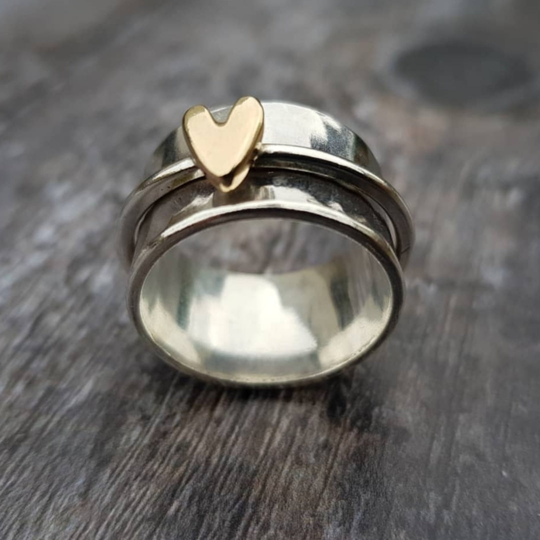 Vintage Silver Women's Ring with a Gold Heart - Elegant Jewelry for Women 2