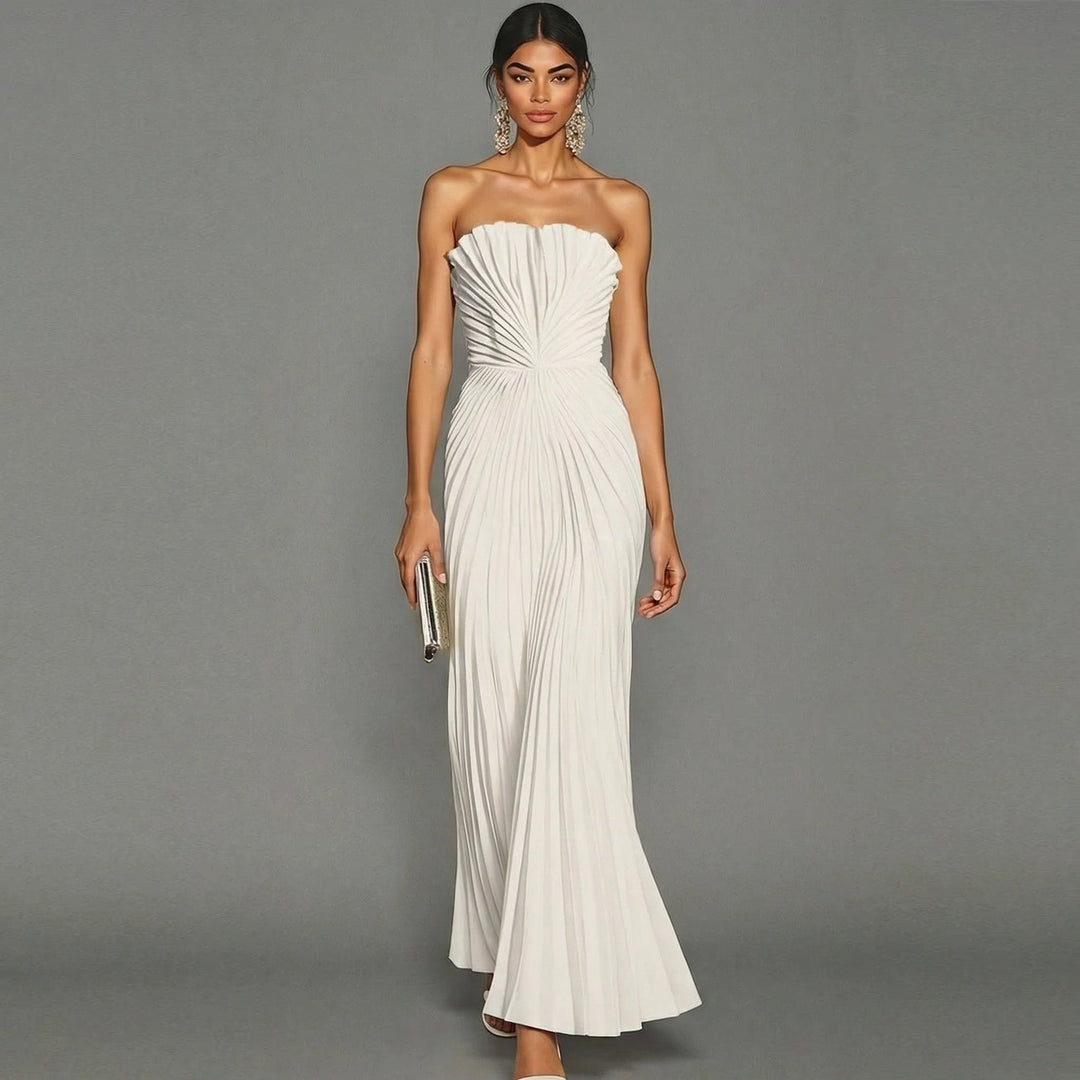 Wedding Guest Dresses - Elegant Long Pleated Strapless Formal Dress for Women - Sophisticated Evening Gown 0