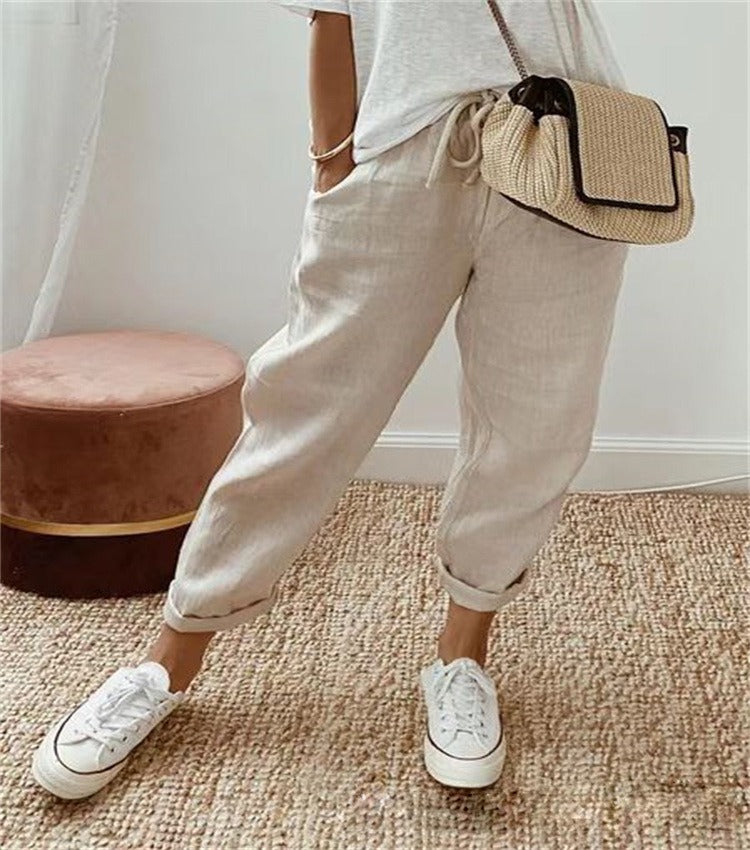 Women's High Waist Wrap Trousers Cropped Tapered with Bow Waistband