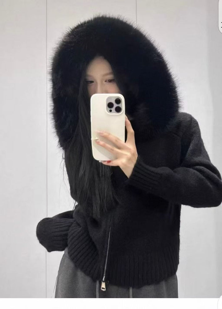 Fur Hooded Knit Jacket – Winter Elegance