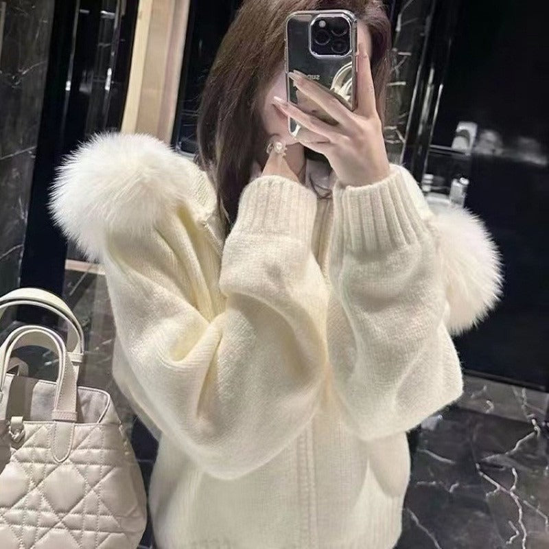 Fur Hooded Knit Jacket – Winter Elegance