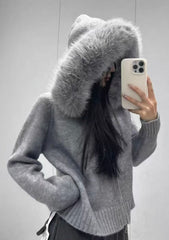 Fur Hooded Knit Jacket – Winter Elegance