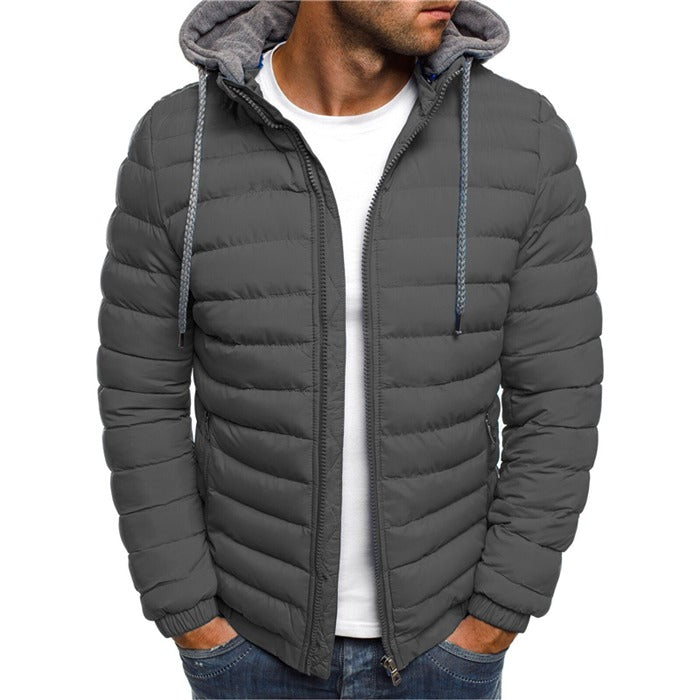 Men's quilted jacket with a hood and zipper