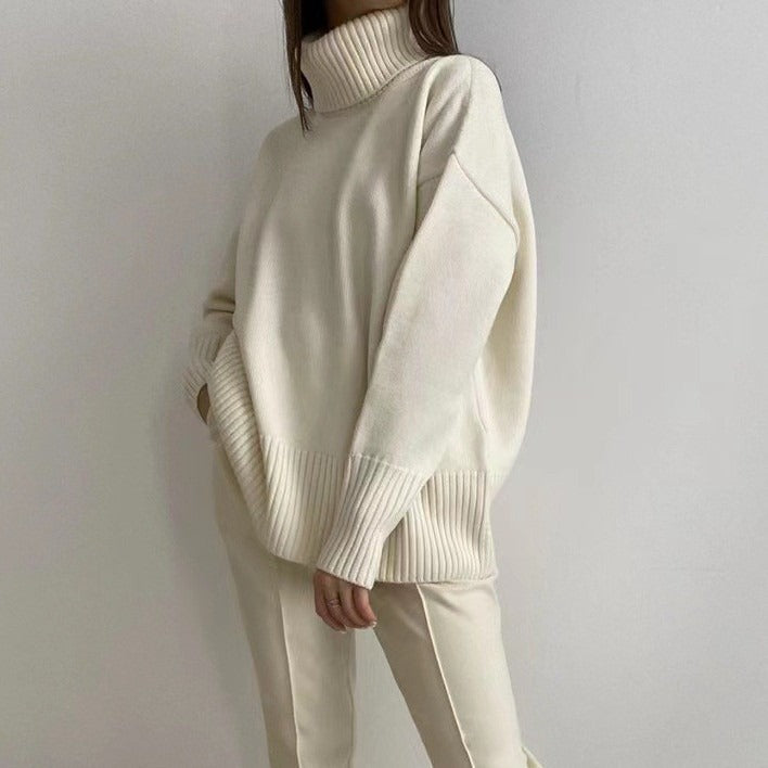 Women's Elegant Turtleneck Sweater with Lantern Sleeves Cotton