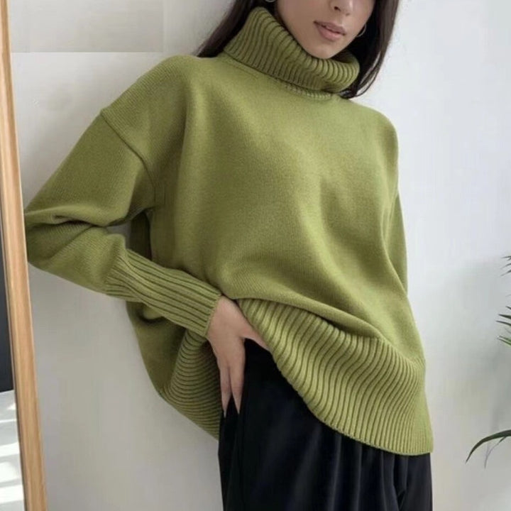 Women's Elegant Turtleneck Sweater with Lantern Sleeves Cotton