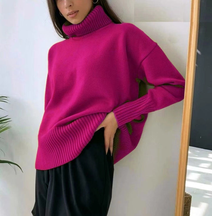 Women's Elegant Turtleneck Sweater with Lantern Sleeves Cotton